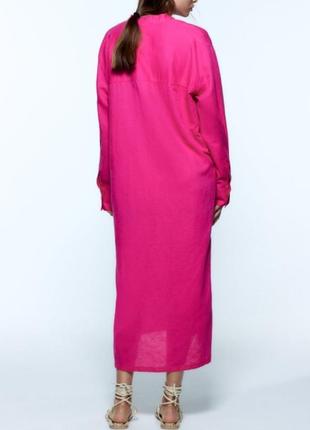 Натуральное розовое льняное длинное платье zara6 фото