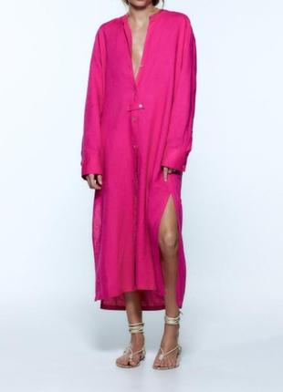 Рожеве натуральне довге лляне плаття zara1 фото