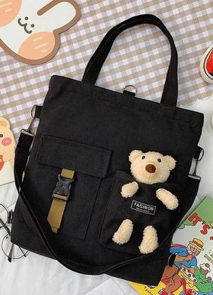 Рюкзак сумка стильна щоденна шкільна для дівчинки tedy beeer(тедді) з колодою мішка чорного кольору1 фото