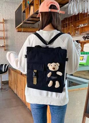 Рюкзак сумка стильная повседневная школьная для девочки teddy beer(тедди) с брелком мишка черного цвета2 фото