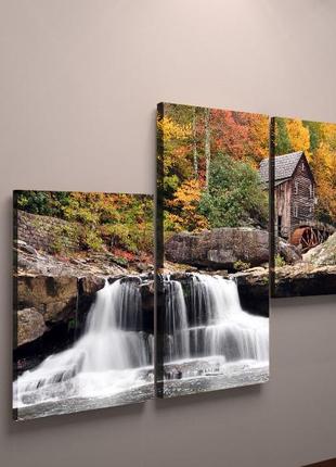 Оригінальна картина друк на полотні природа осінній пейзаж гірський водоспад 90х60см з 3х модул