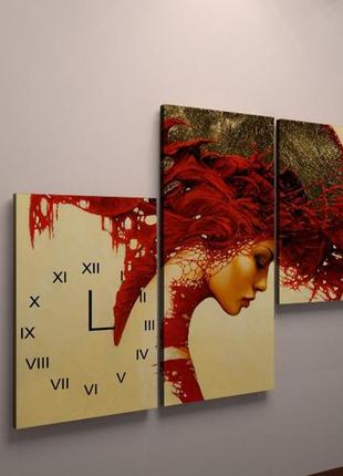 Фотокартина з годинником на полотні абстракція дівчина картина червоні дерева безшумний механізм 90х60 з 3х част