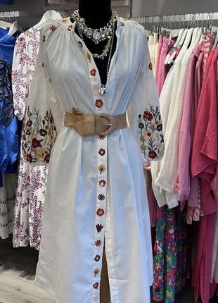 Етнічна біла сукня бавовняна плаття вишиванка вишита з обємними рукавами бренд esq турція8 фото