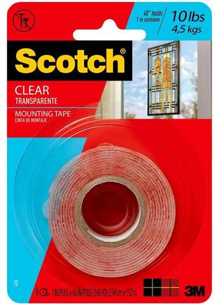 Стрічка монтажна двостороння 3m scotch clear mounting tape 410dc-sf 25,4 мм x 1,52 м прозорій, 21842