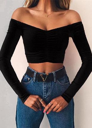 Женский трикотажный топ с открытыми плечами и длинными рукавами