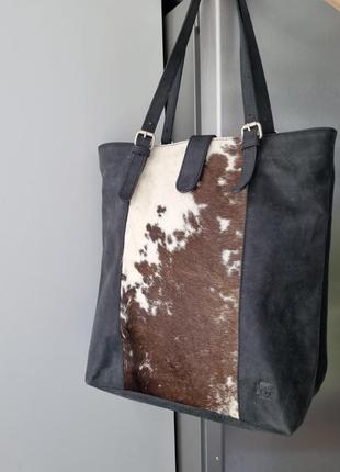 Шкіряна сумка шоппер, кожаная сумка шоппер, большая сумка кожа, мех пони3 фото