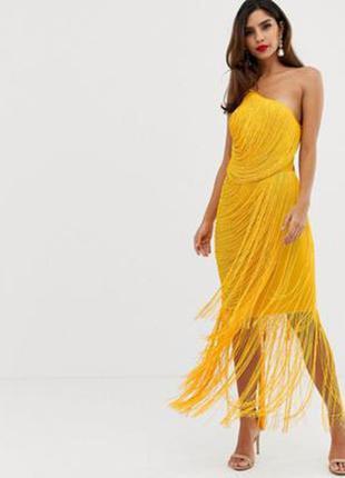 Яскраво жовте сукні з бахромою на одне плече в стилі гетсбі2 фото