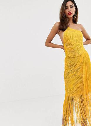Яскраво жовте сукні з бахромою на одне плече в стилі гетсбі4 фото
