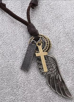 Готическое винтажное кожаное ожерелье кулон подвески крыло ангела крест2 фото
