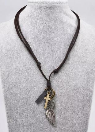 Готическое винтажное кожаное ожерелье кулон подвески крыло ангела крест
