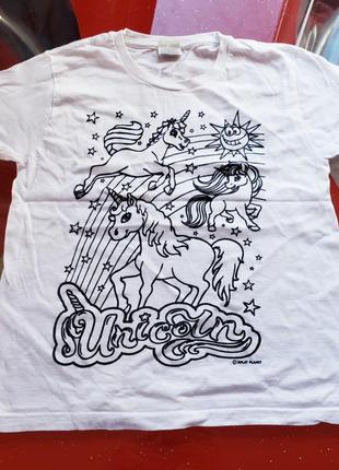 Футболка для розфарбовування з зображенням веселки і єдинорогів дівчинці 3-4 г 98-104см