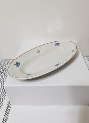 Тарелка селёдочница удлинённая белая большая керамика цветы голубые золотые блюдо