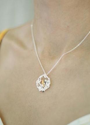 Підвіска золота птаха у квітах, оригінальний великий кулон, срібне покриття 925 проби + позолота, 40+5 см