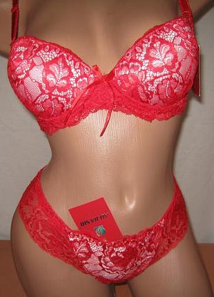 Комплект білизни ao jia shi мереживний червоний з білим 80в пуш-ап та бікіні
