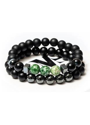 Подвійний браслет dms jewelry з шунгита, гематиту, агата black and green agate