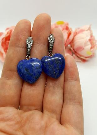 💙🖤 ошатні сережки "серця" натуральний камінь лазурит6 фото