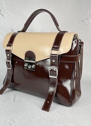 Сумка саквояж женская кожаная, шоколадная глянец / слоновая кость 1728