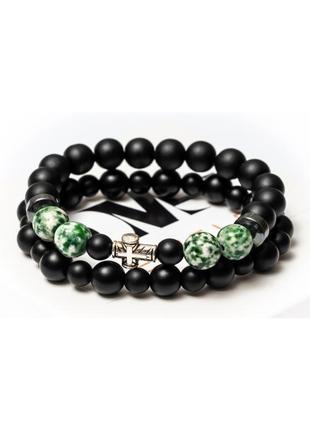 Двойной браслет dms jewelry из шунгита, гематита, агата green agate cross