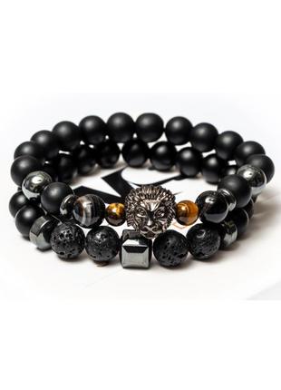 Подвійний браслет dms jewelry з шунгита, лавового каменю, агата з левом fearless lion