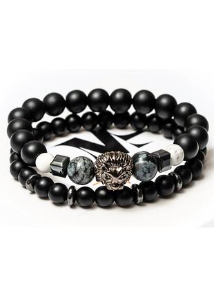 Двойной браслет dms jewelry из шунгита, кахолонга, обсидиана со львом brave lion