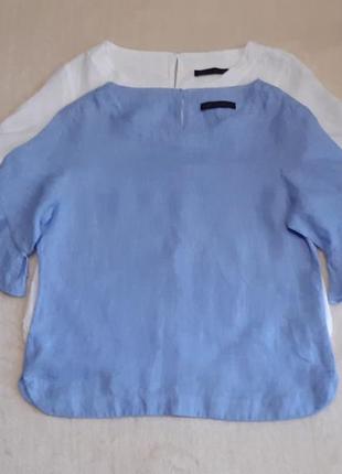 Лляна темно синя,біла,блакитна блузка 100% льон короткий рукав каскадна оборка р.8 marks & spencer7 фото