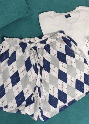 М'яка фланелева піжама з футболкою і шортами сіро- синього кольору в ромби для жінок