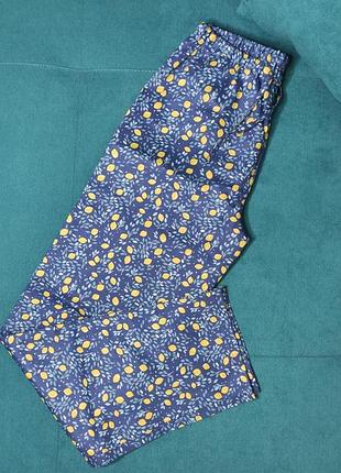 Піжамно-домашні сині штани у принт "лимони" з сатину для дому та сну