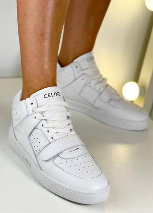 Белые высокие кожаные кеды кроссовки в стиле селин celine