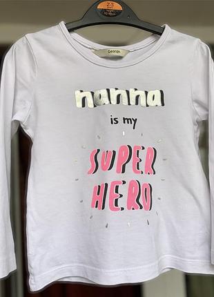 Белый реглан, лонгслив, кофта для девочки с принтом от george 2-3 года (92-98см)