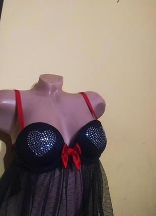 Неймовірно красивий чорний червоний пеньюар сітка ann summers серце стрази новий 75а/в пуш ап чашка3 фото