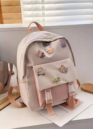 Рюкзак для девочки подростка розовый с бежем водоотталкивающий со значками goghvinci(av311)