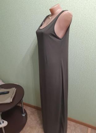 Длинное трикотажное платье- майка с разрезами цвета хаки5 фото