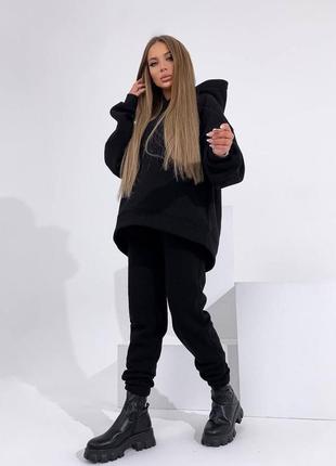 Женский спортивный костюм чёрный  кофта худи с капюшоном и штаны на резинках на высокой посадке стильный тёплый универсальный однотонный турция2 фото