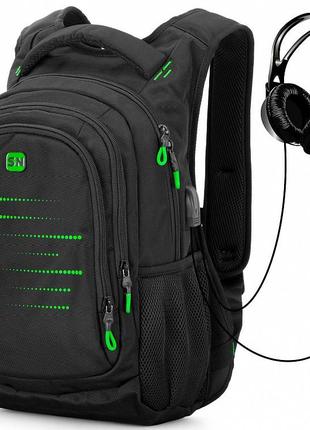 Рюкзак для хлопчика skyname чорний ортопедичний із зеленим декором шкільний + слот usb