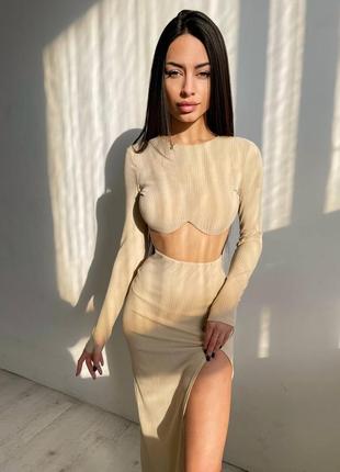 Трикотажний комплект: топ із чашечками push up + спідниця міді з розрізом ▫️колір-беж, чорний, білий,лаванда,хакі, мокко
