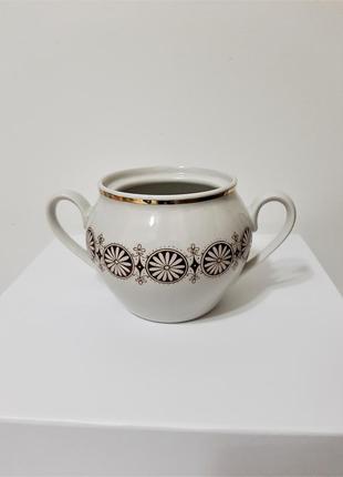 Цукорниця біла з ручками без кришки коричневий малюнок кераміка посуд для цукру
