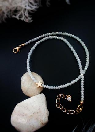 Колье чокер ожерелье белый хрусталь бусы звезда камень гематит золотистый аксессуар на шею подарунок7 фото