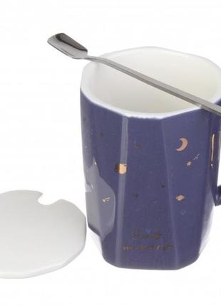 Кофейная кружка ночь с крышкой и ложкой из керамики 300 мл., чайная чашка звезды синяя керамическая топ1 фото