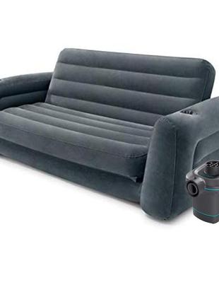 Надувной диван intex 66552 - 3, 203 х 224 х 66 см. флокированный диван трансформер 2 в 1, с электрическим1 фото