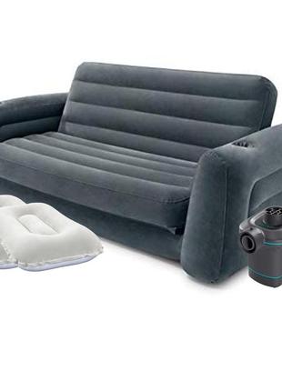 Надувной диван intex 66552-4, 203 х 224 х 66 см, с электрическим насосом и подушками. флокированный диван