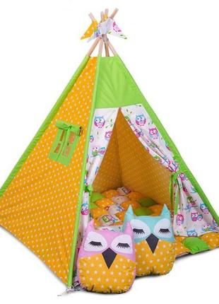 Игровой шалаш, палатка, вигвам с ковриком и подушкой. размер  100*100 см высота 110 см совы1 фото