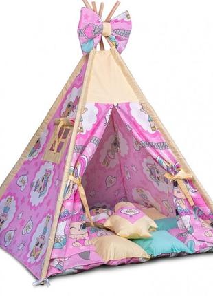 Игровой шалаш, палатка, вигвам с ковриком и подушкой. размер  100*100 см высота 110 см куклы набор1 фото