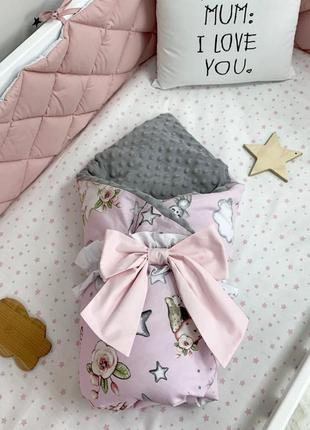 Плед конверт дитячий з ковдрою, поплін та плюш, розмір 80х100 см, ляльки на рожевий топ