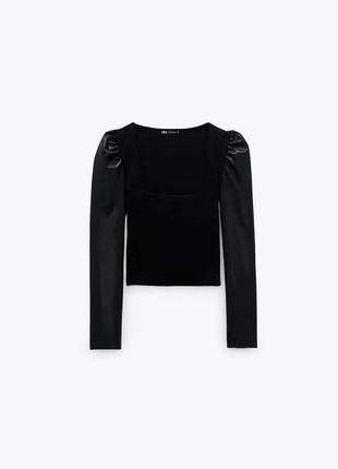 Чёрный топ с кожаными рукавами zara кофта кофточка водолазка