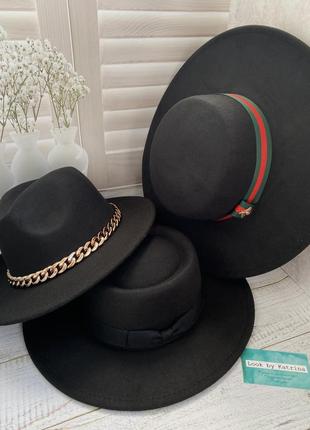 Фетровий капелюшок канотьє чорний зі стрічкою1 фото
