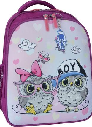 Шкільний ортопедичний рюкзак для дівчинки, малиновий, з принтом совенят