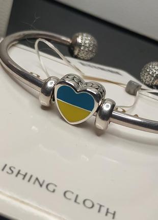 Набір шарм і браслет пандора срібло 925 проба цирконій емаль ale україна серце символ жовтий блакитний україна бангл відкритий камені пломба бирка