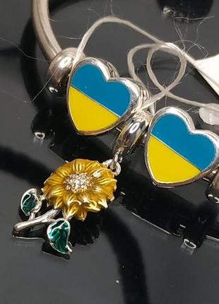 Набір шарми і браслет пандора срібло 925 проба цирконій емаль символ україна соняшник сонячник україна серце жовте блакитне бэнгл квітка проба бирка5 фото