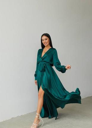 Изумрудное зеленое вечернее платье длинное макси рукав1 фото
