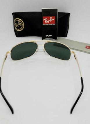 Очки в стиле ray ban 3387 001  мужские солнцезащитные серо зеленые в золоте линзы стекло6 фото